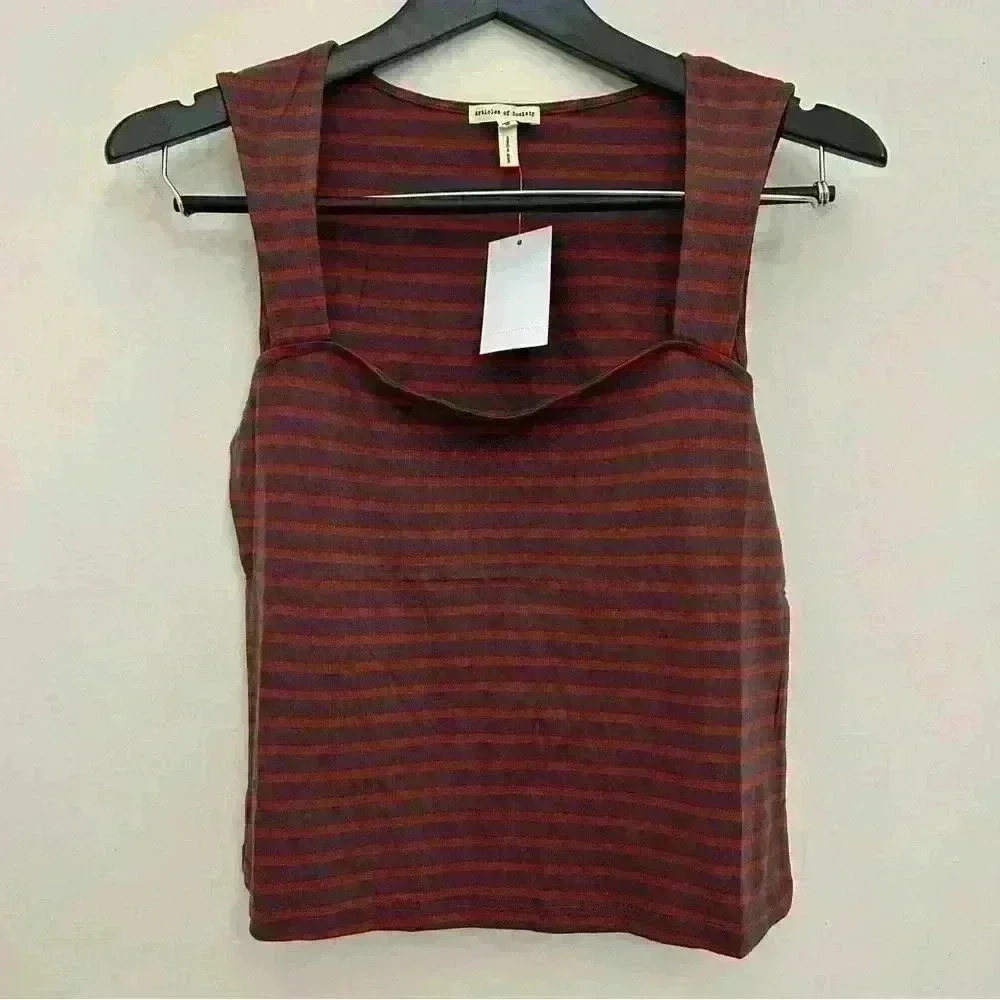 Articles Of Society Gray Red Sleeveless Striped Square Neck Tank Top Women's M